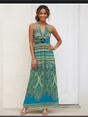 XOXO Vintage Y2K Paisley & Stripe Halter Maxi Dress - Size M